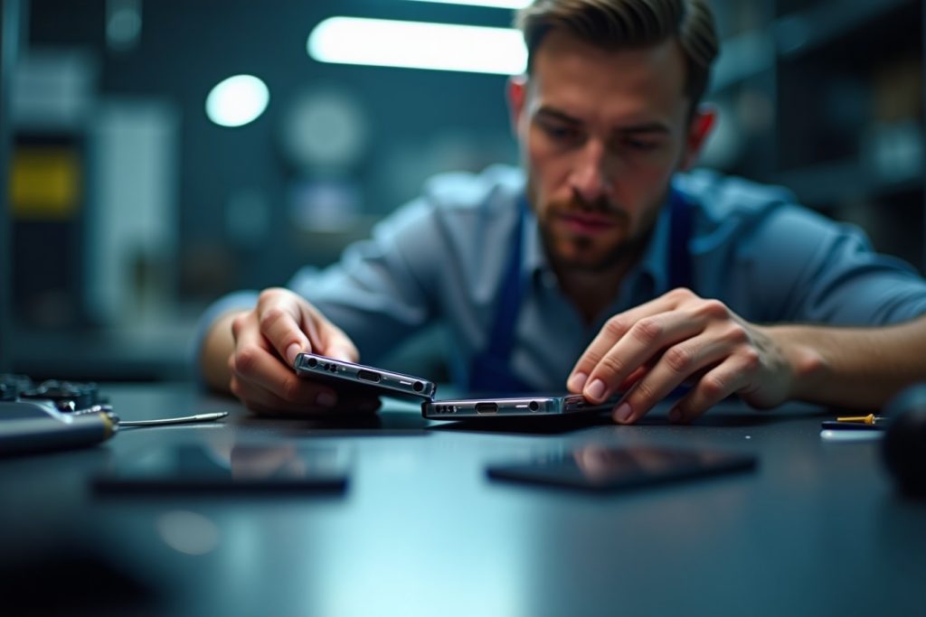 Technician comparing original and aftermarket phone screens in Sharjah