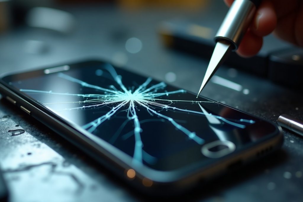 Cracked smartphone screen needing replacement, Sharjah repair shop