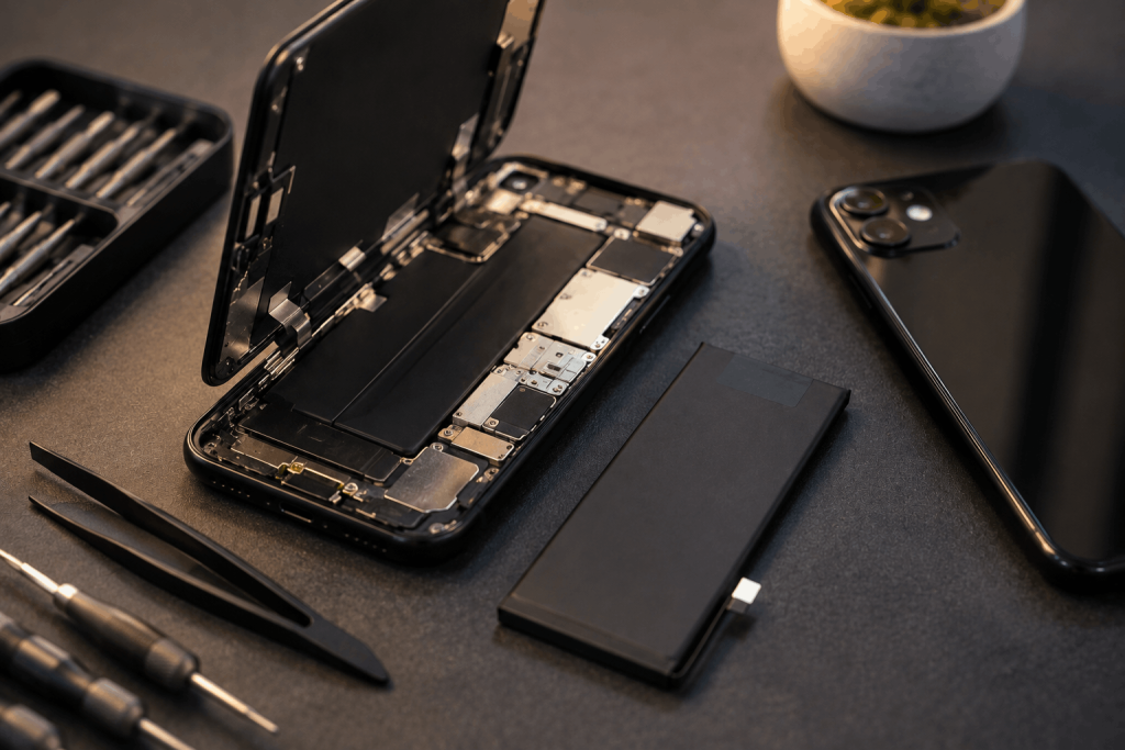 Open smartphone with removed battery and repair tools on a technician workbench