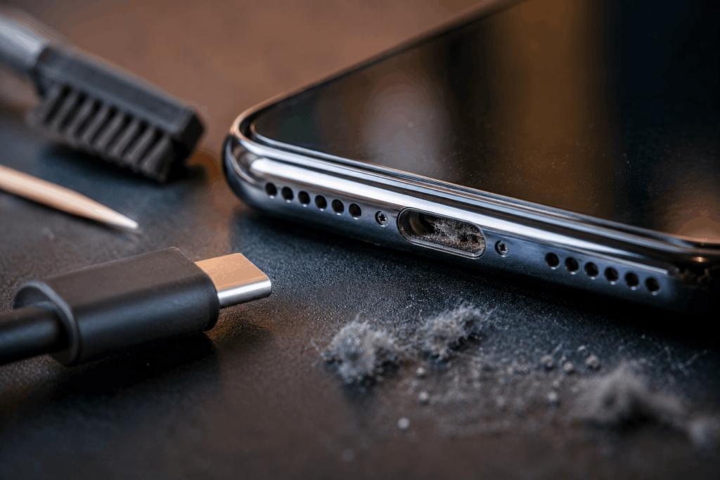 Smartphone with dusty charging port and cleaning tools on repair workbench