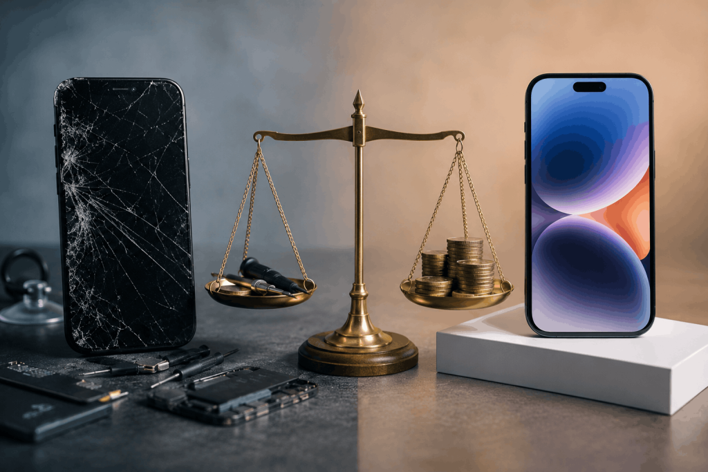 Cracked smartphone and new phone balanced on a scale for repair or replacement comparison