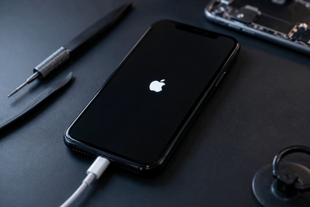 Unresponsive iPhone showing Apple logo with charging cable and repair tools