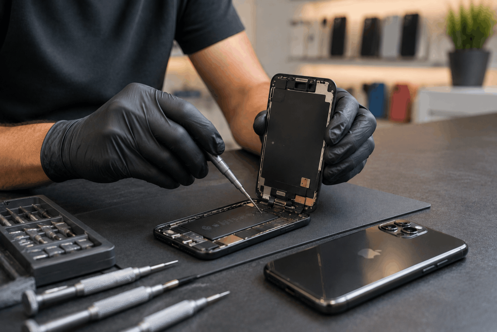 Same-Day Mobile Repair in Sharjah: What to Expect Technician repairing an open smartphone with precision tools on a repair workbench