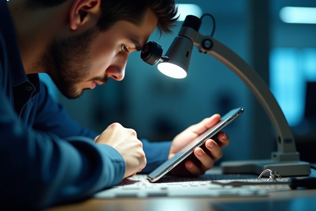 Technician inspecting a smartphone camera module in Sharjah
