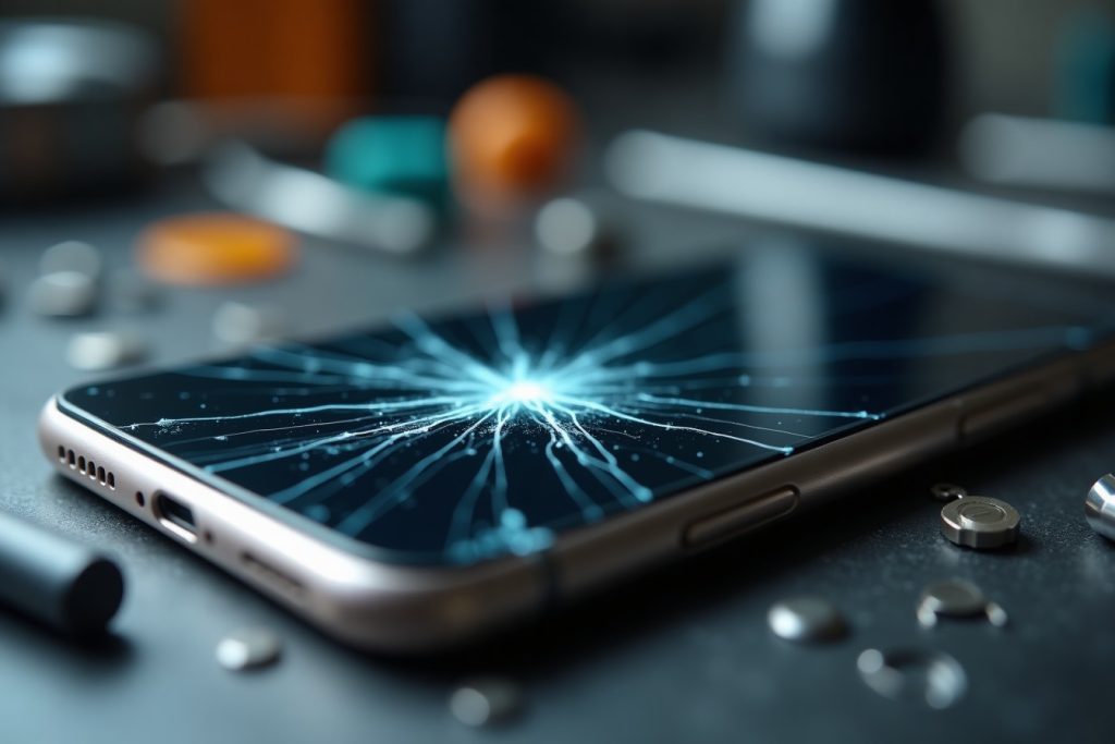 Smartphone with cracked back glass on a repair workbench