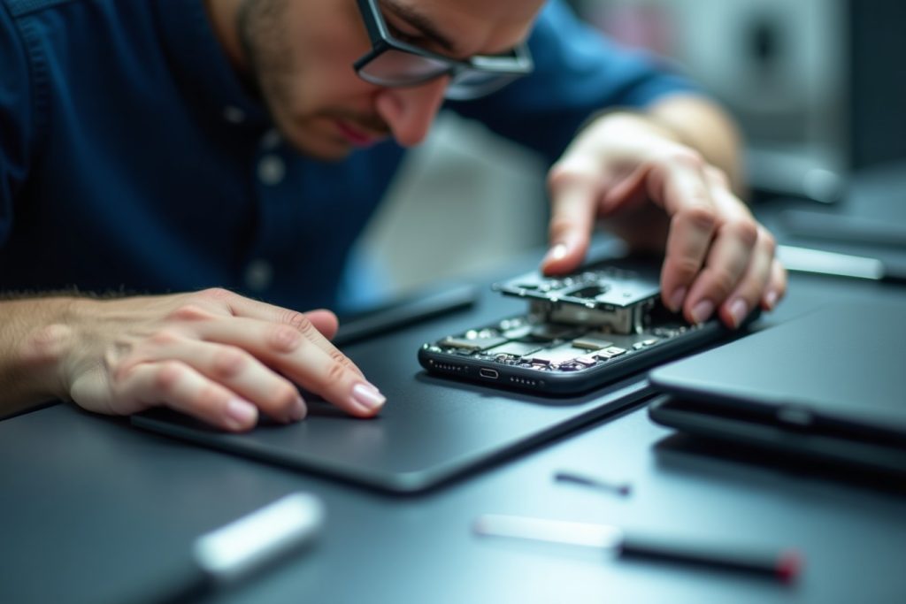 Technician repairing a smartphone's front sensor module in Sharjah