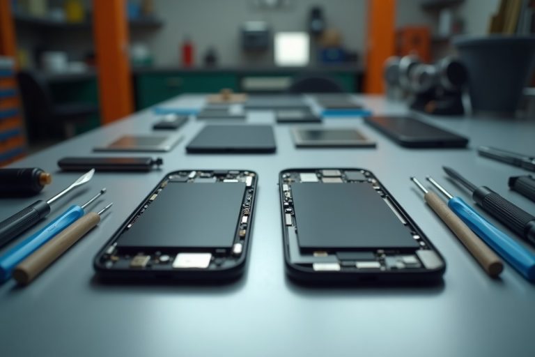 Two smartphones side by side on a repair workbench for comparison