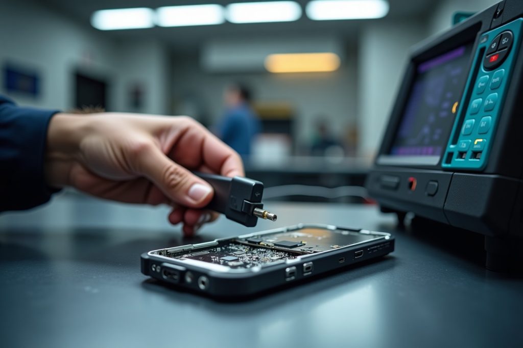 Technician running data recovery on a water-damaged phone in Sharjah
