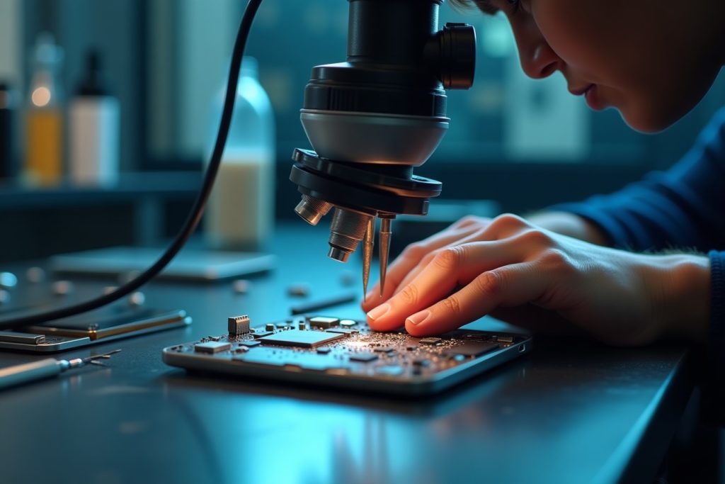 Technician micro-soldering a smartphone motherboard in Sharjah
