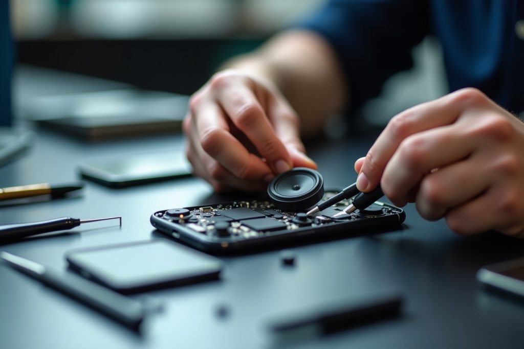 Technician repairing a smartphone speaker component in Sharjah